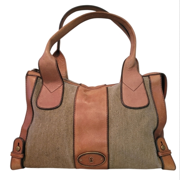 Fossil Vintage Revival Tan Leather Sage Canvas Top Handles Satchel Shoulder Bag - Picture 1 of 16
